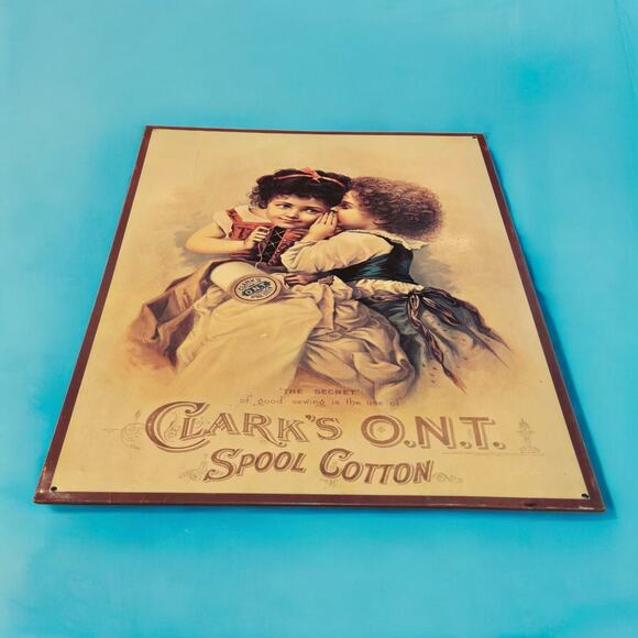 Clark's Spool Cotton Litho Advertising Victorian Children Vintage Tin Metal Sign - Picture 5 of 9